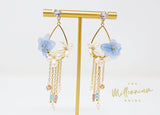 Real Immortal Blue White Flower Freshwater Pearls Crystal Earrings, Long Bridal Jewelry, Bridal Earrings Statement Earrings Cz