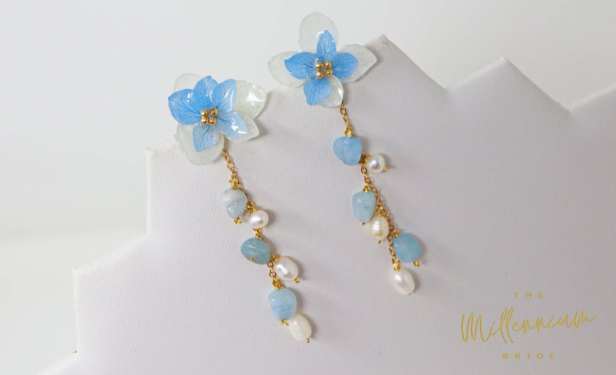 Real Immortal Blue White Flower Freshwater Pearls Earrings, Long Bridal Jewelry, Bridal Earrings Statement Earrings Cz
