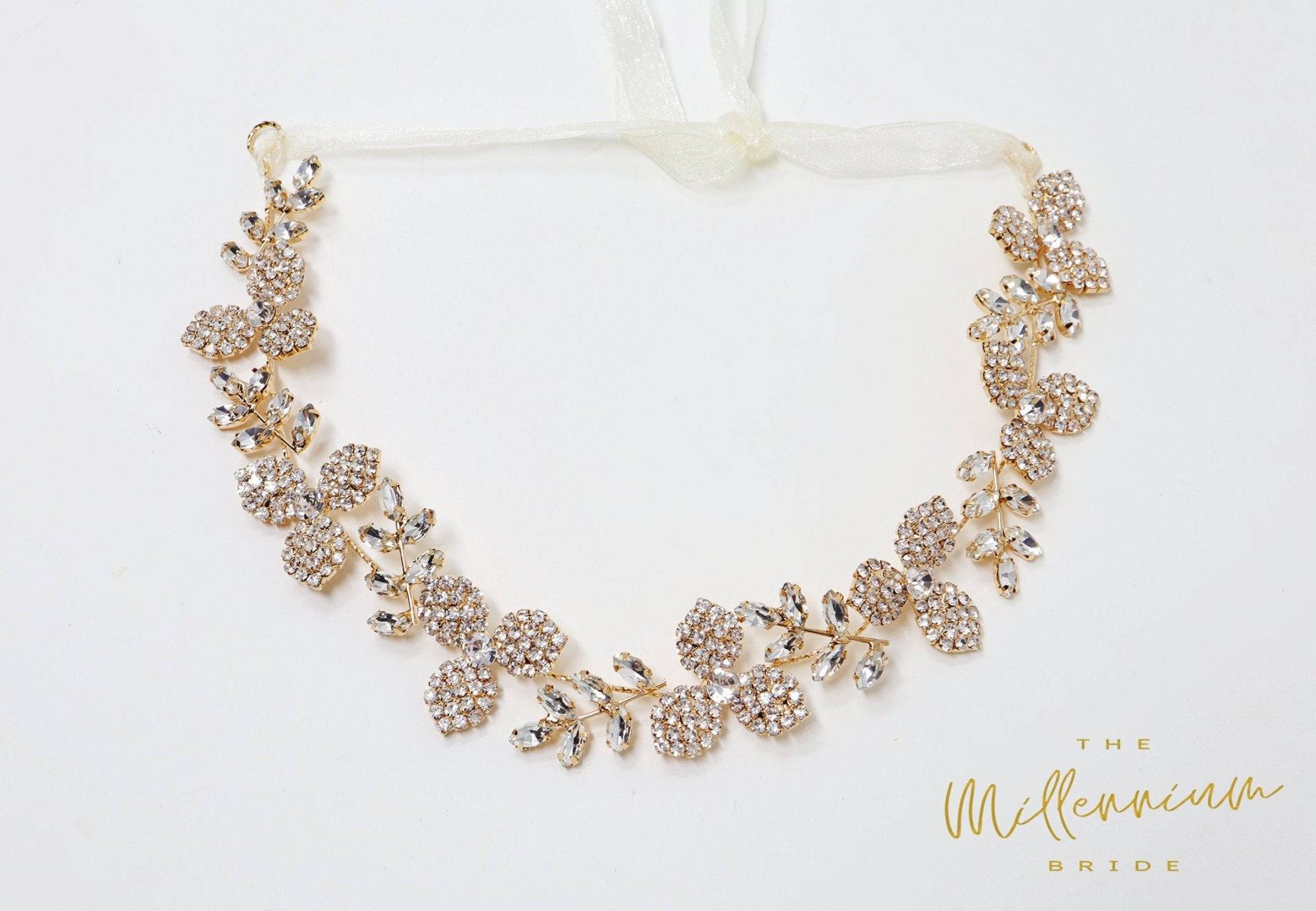 Rhinestones Dainty Floral Crystal Leaves Gold Hair Vine Headband, Bridal Hair Vine, Delicate Headband, Hair accessories.