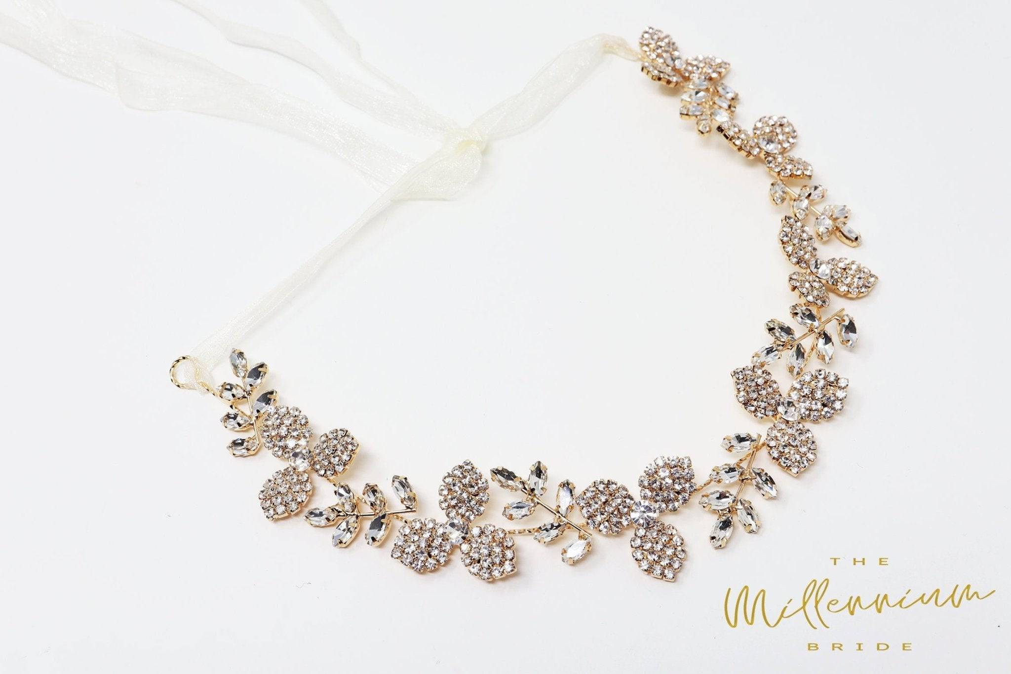 Rhinestones Dainty Floral Crystal Leaves Gold Hair Vine Headband, Bridal Hair Vine, Delicate Headband, Hair accessories.