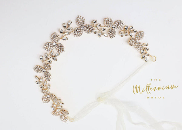 Rhinestones Dainty Floral Crystal Leaves Gold Hair Vine  display picture 3