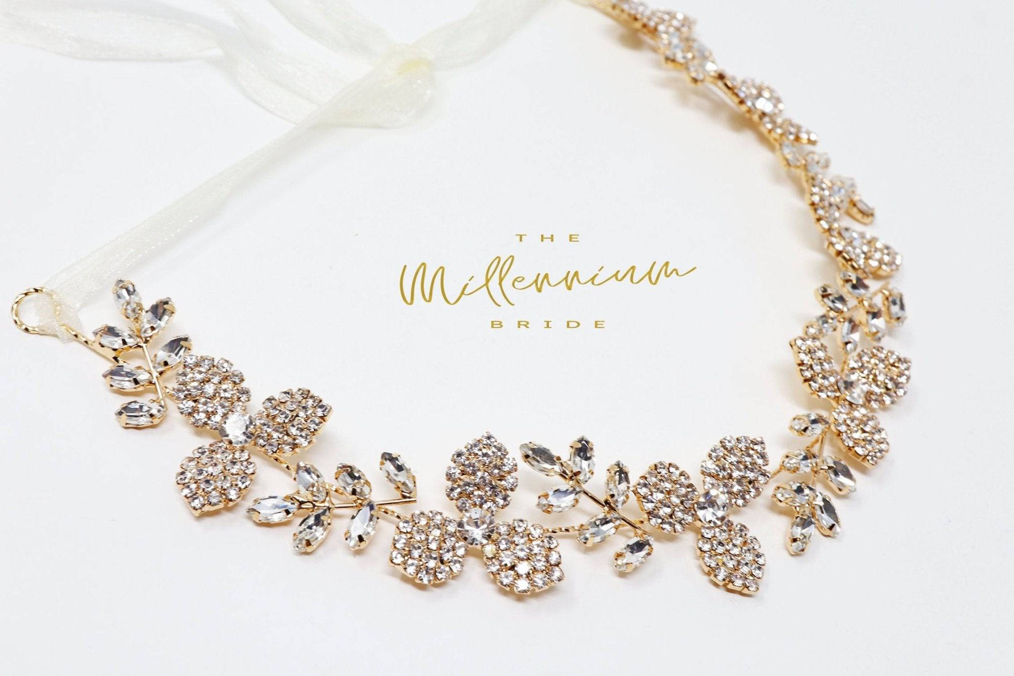 Rhinestones Dainty Floral Crystal Leaves Gold Hair Vine Headband, Bridal Hair Vine, Delicate Headband, Hair accessories.