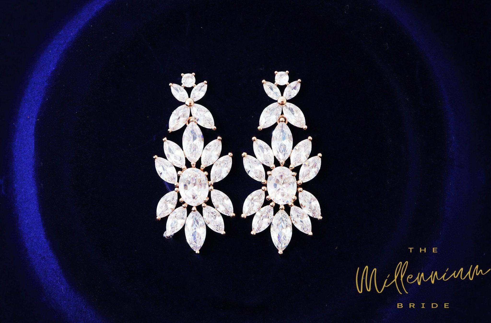 Rose Gold Floral Swarovski Crystal/Diamond earrings Long Bridal Jewelry Bridal Earrings Crystal Bridal Earrings Statement earrings Cz