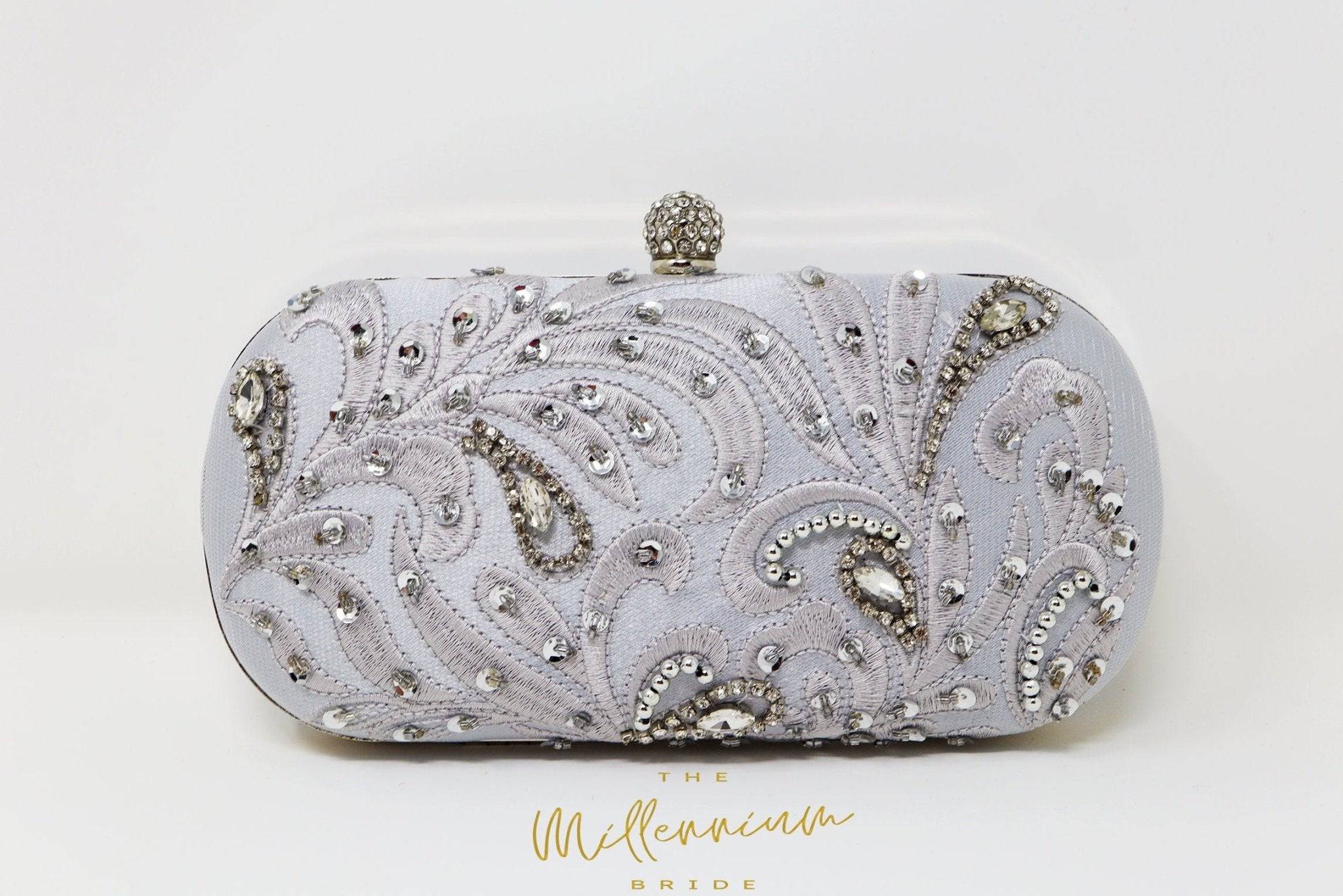 Silver Crystal Leaves and Beads Embroidered Wedding Clutch, Statement Bag, Evening Clutch, Wedding Clutch, Bridal Bag, White Cross Body Bag