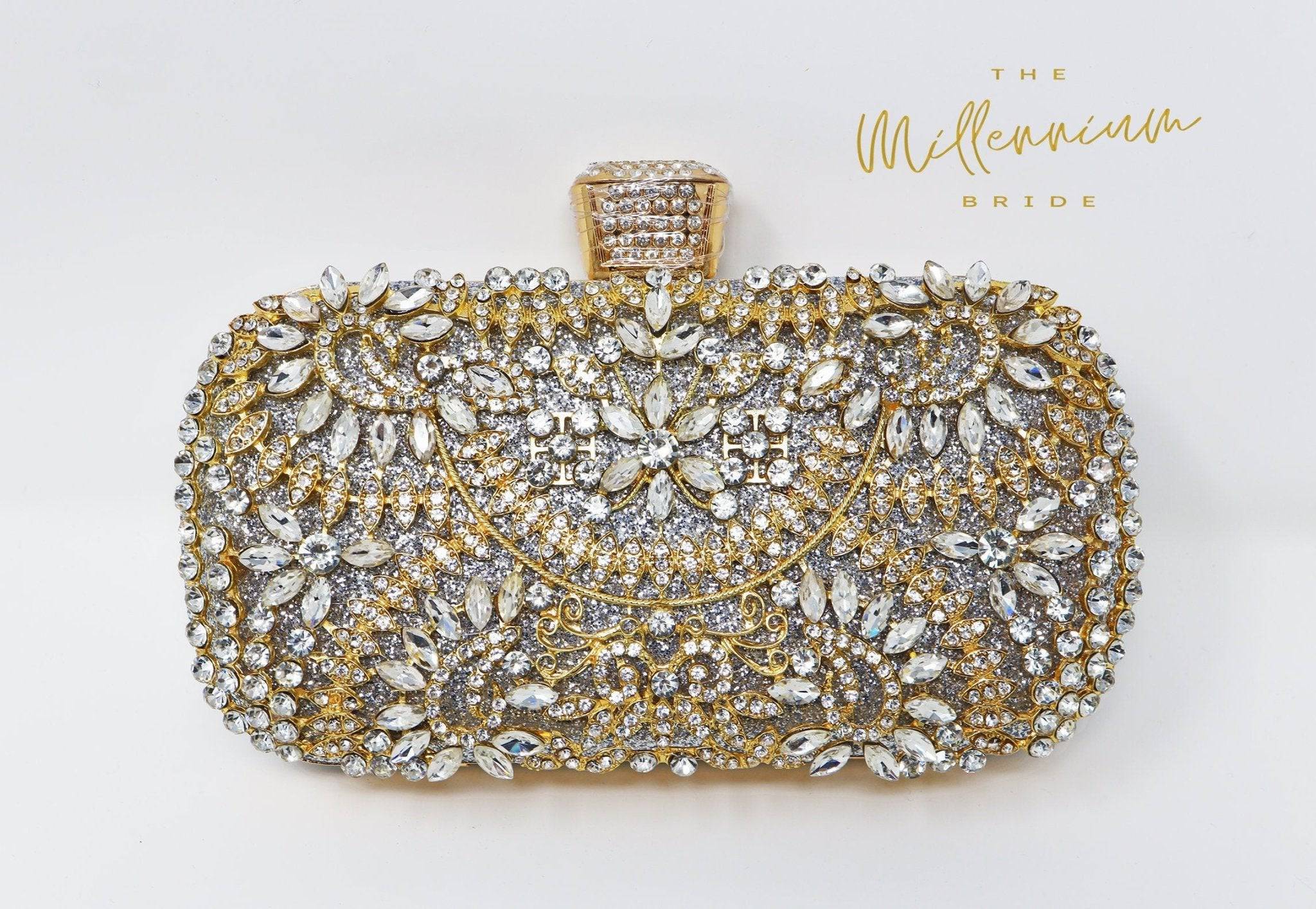 Silver Gold Crystal Floral Leaves Wedding Clutch, Statement Bag, Evening Clutch, Wedding Clutch, Bridal Bag, Silver gold Cross Body Bag