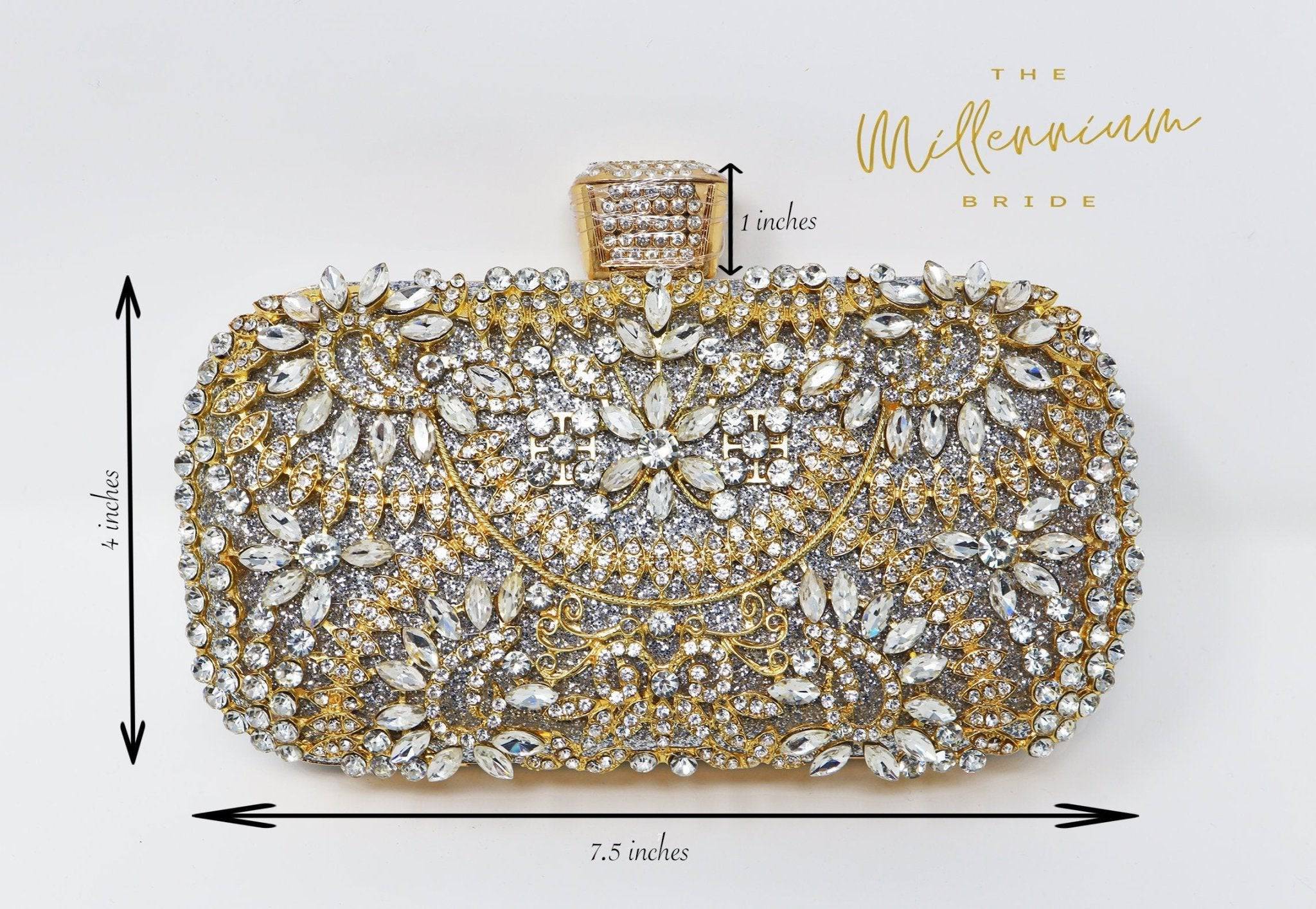 Silver Gold Crystal Floral Leaves Wedding Clutch, Statement Bag, Evening Clutch, Wedding Clutch, Bridal Bag, Silver gold Cross Body Bag