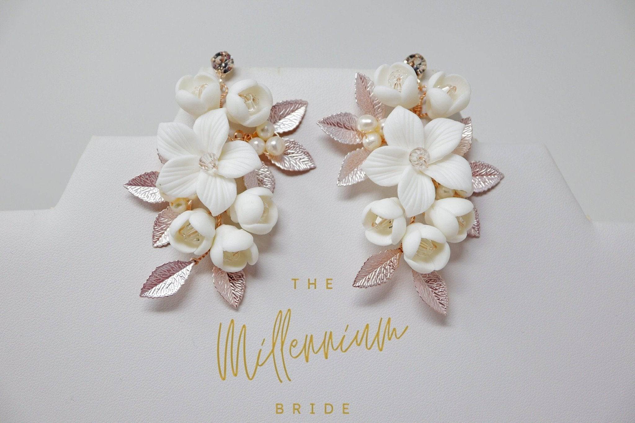 Swarovski Ceramic White Flower Petals Crystal, Long Bridal Jewelry Bridal Earrings Crystal Bridal Earrings Statement Earrings Cz