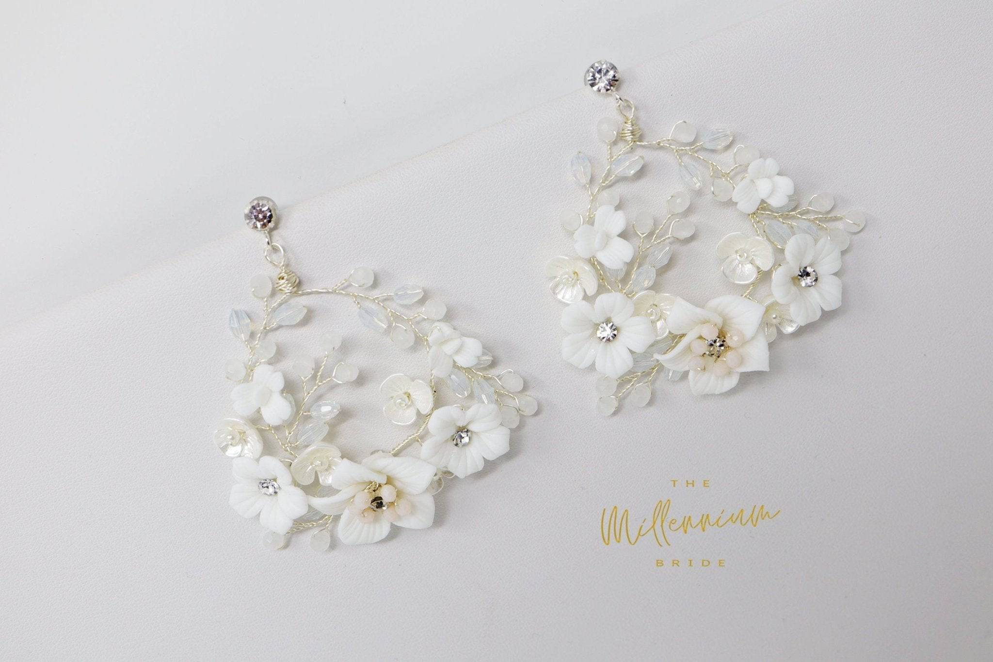 Swarovski Ceramic White Flower Sparkling Crystal Long Bridal Jewelry Crystal Bridal Earrings Statement Earrings Cz