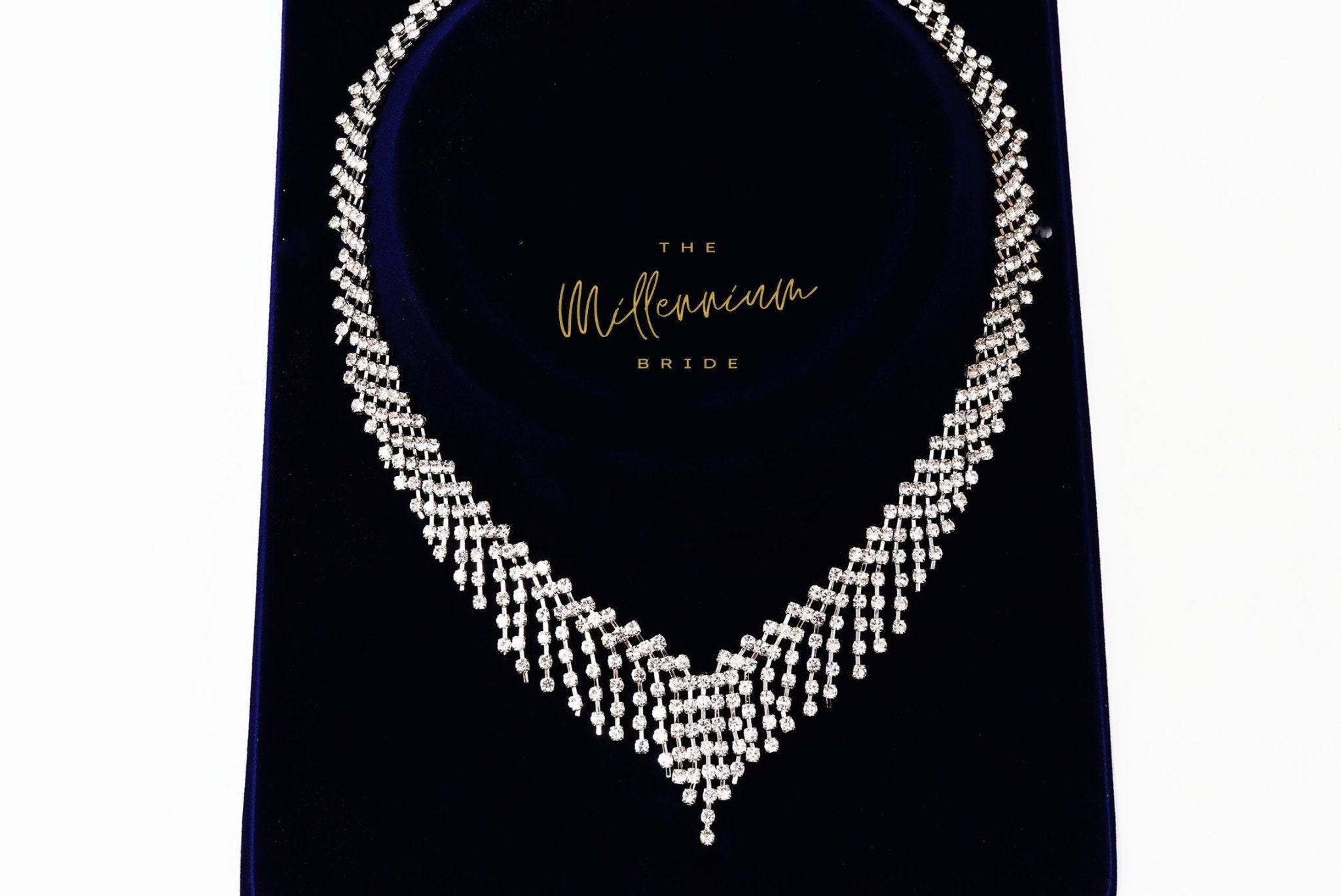 Swarovski Crystal Bridal V Tassel Necklace , Long Bridal Jewelry, Bridal Necklace, Statement Necklace Cz Necklace Set.