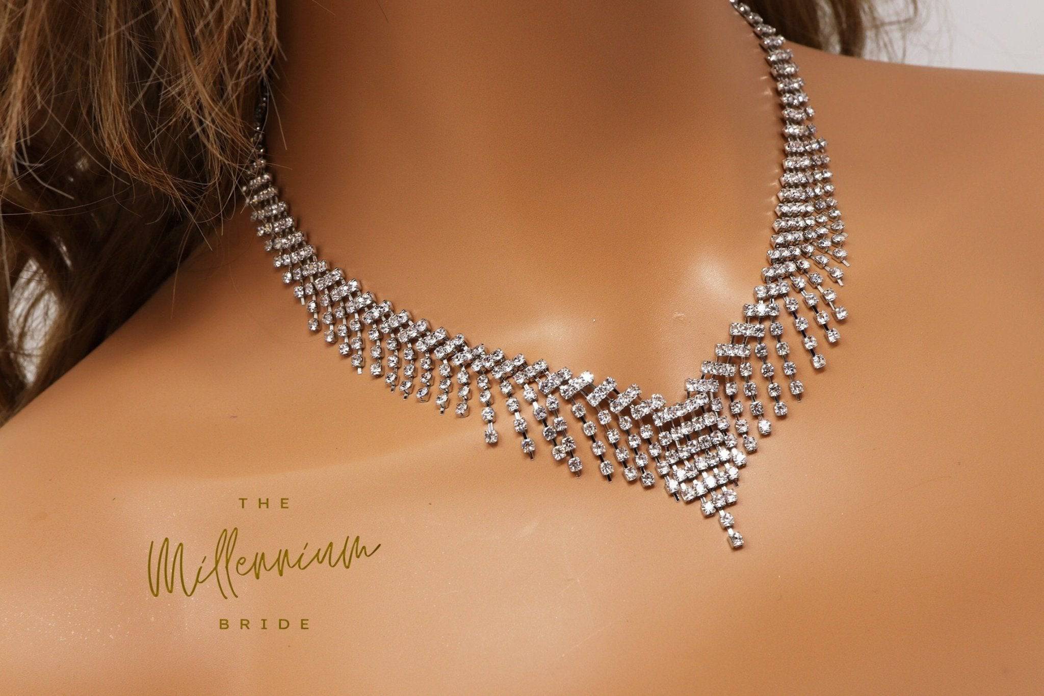 Swarovski Crystal Bridal V Tassel Necklace , Long Bridal Jewelry, Bridal Necklace, Statement Necklace Cz Necklace Set.