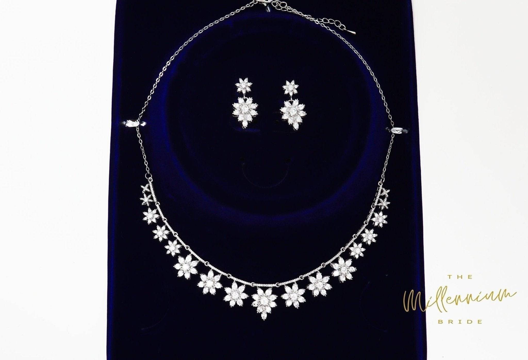 Swarovski Crystal Floral Necklace Set, Long Bridal Jewelry, Bridal Earrings And Necklace, Statement Earrings Cz Necklace Set.