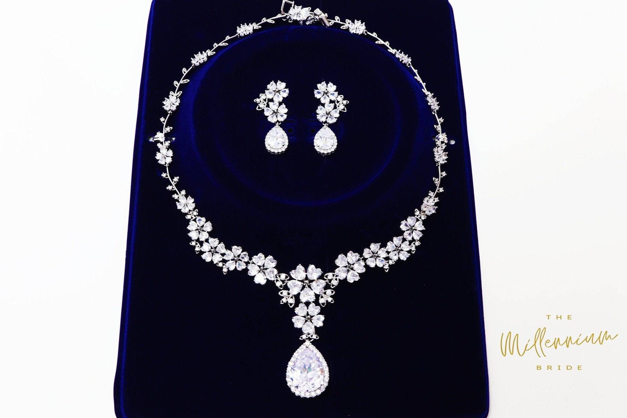 Swarovski Crystal Heart Floral Vine Leaves Necklace, Long Bridal Jewelry, Bridal Earrings And Necklace, Statement Earrings Cz Necklace Set