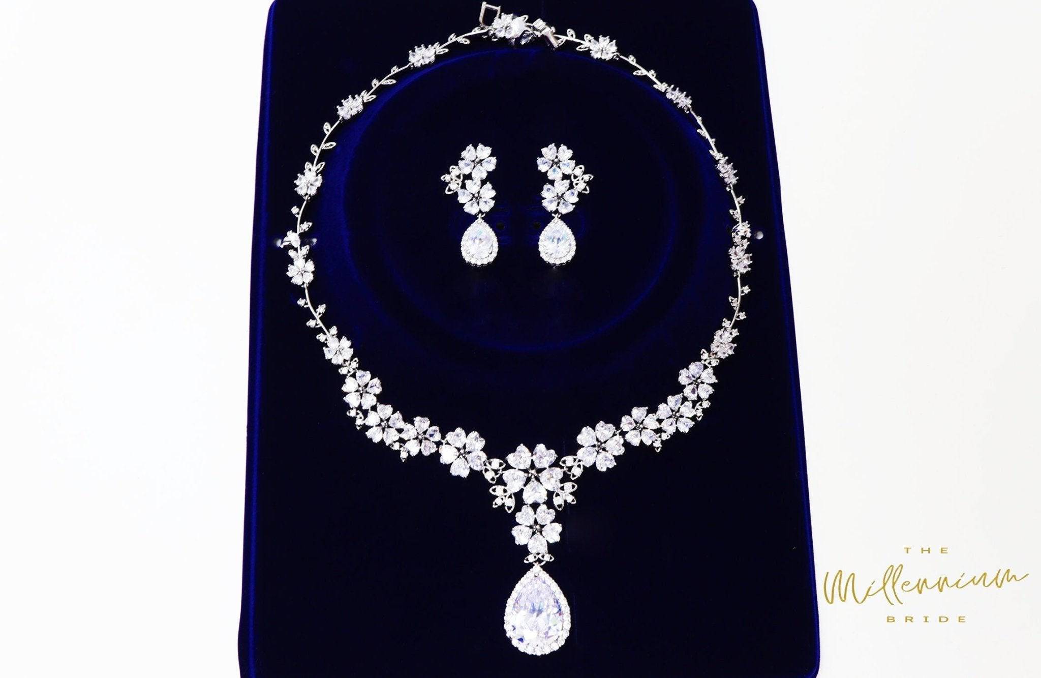 Swarovski Crystal Heart Floral Vine Leaves Necklace, Long Bridal Jewelry, Bridal Earrings And Necklace, Statement Earrings Cz Necklace Set