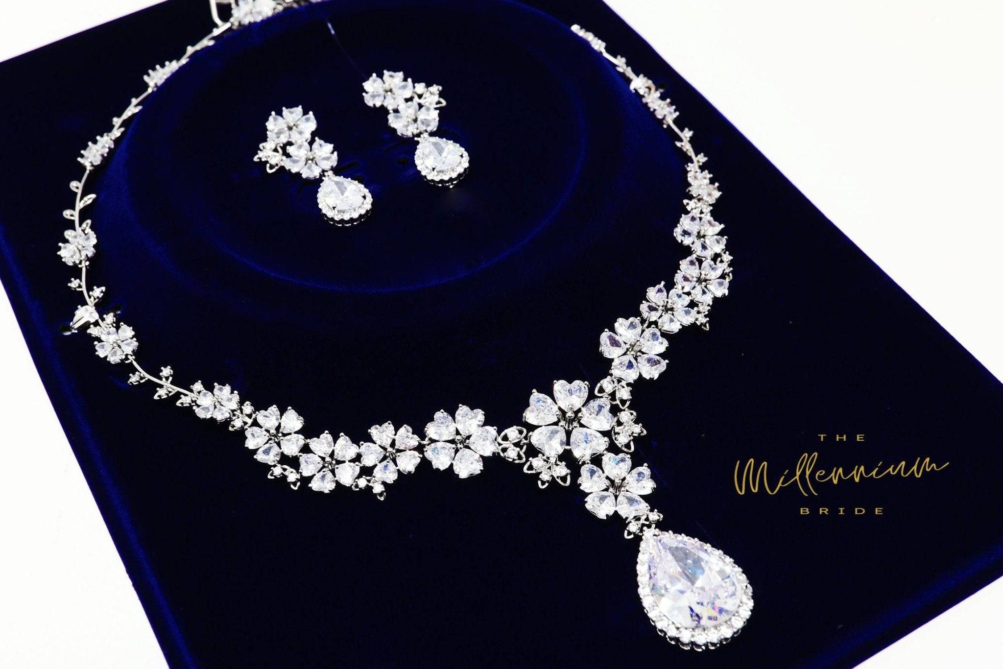 Swarovski Crystal Heart Floral Vine Leaves Necklace, Long Bridal Jewelry, Bridal Earrings And Necklace, Statement Earrings Cz Necklace Set