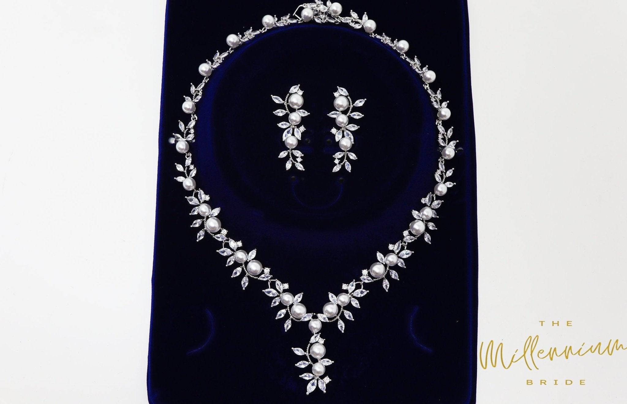 Swarovski Crystal Large Pearl Vine Leaves Necklace, Long Bridal Jewelry, Bridal Earrings And Necklace, Statement Earrings Cz Necklace Set.