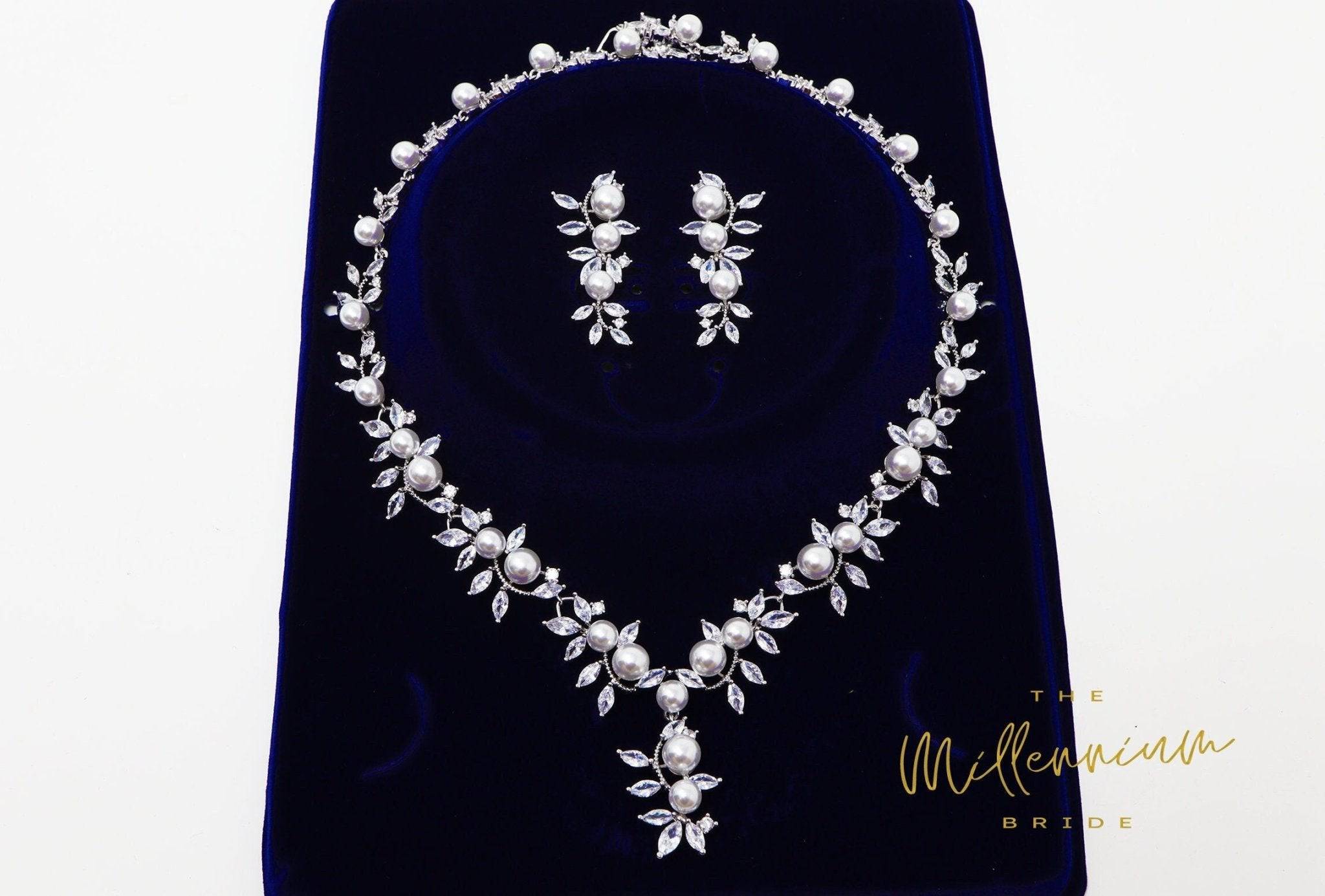 Swarovski Crystal Large Pearl Vine Leaves Necklace, Long Bridal Jewelry, Bridal Earrings And Necklace, Statement Earrings Cz Necklace Set.