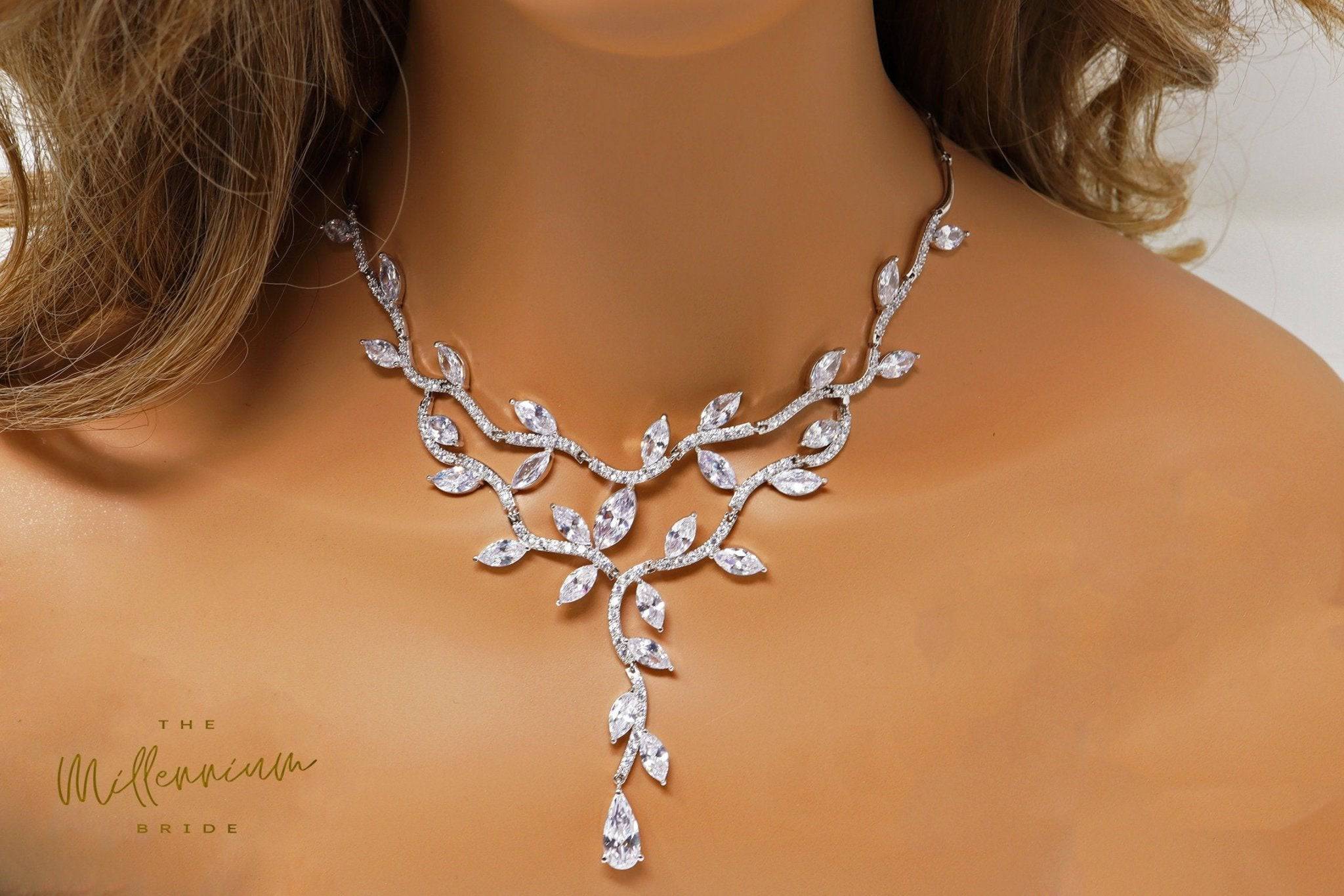 Swarovski Crystal Two Vine Leaves Necklace, Long Bridal Jewelry, Bridal Earrings And Necklace, Statement Earrings Cz Necklace Set.