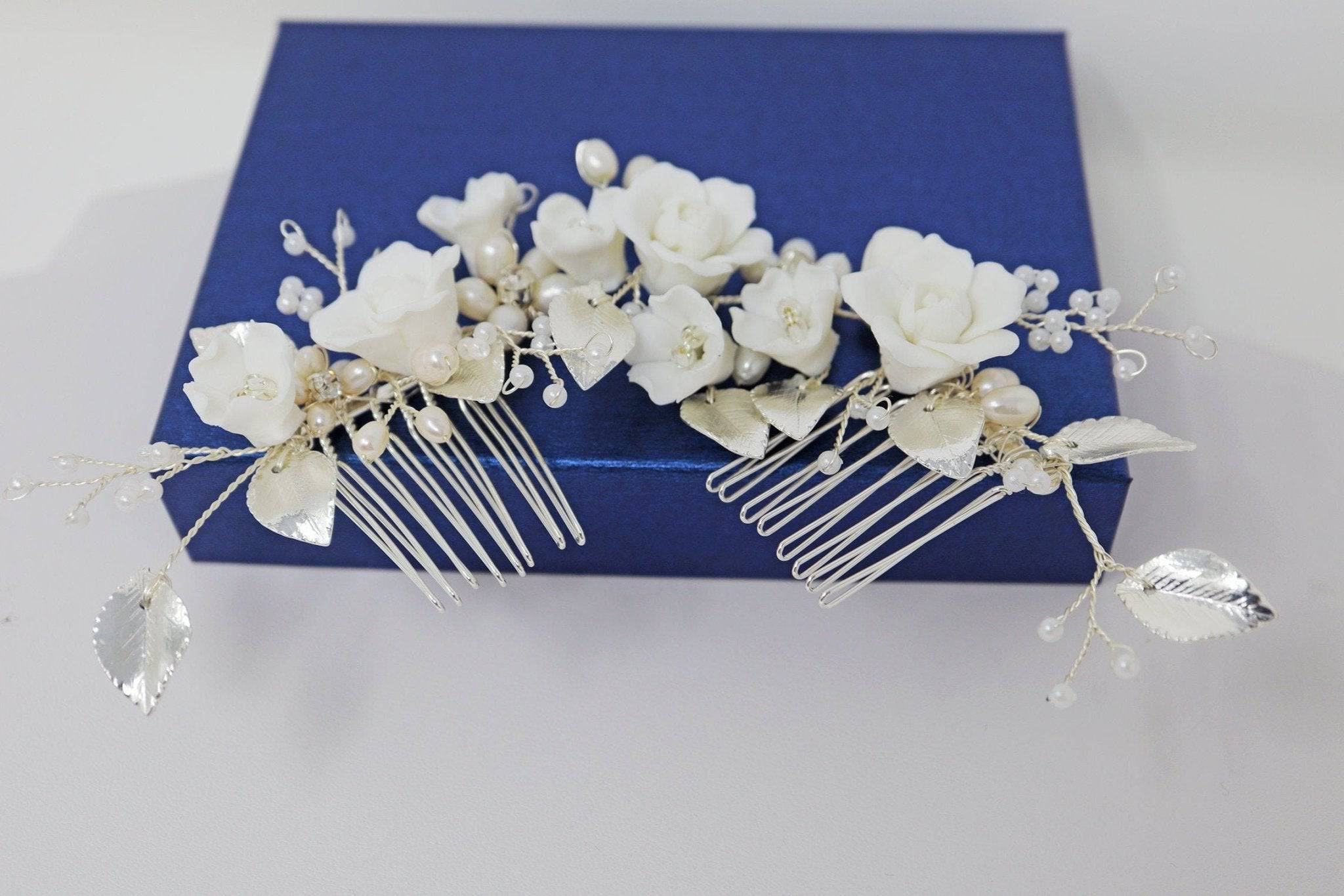 Swarovski Crystals Large Ceramic Flowers & Freshwater Pearls Hair Comb, Bridal Hair piece, Bridal Hair Accessories, Wedding Hair Accessory.