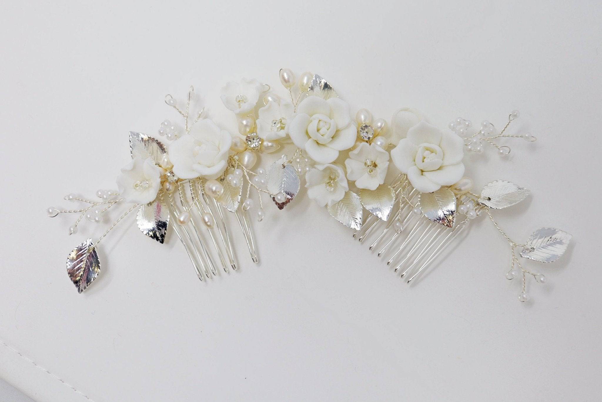 Swarovski Crystals Large Ceramic Flowers & Freshwater Pearls Hair Comb, Bridal Hair piece, Bridal Hair Accessories, Wedding Hair Accessory.
