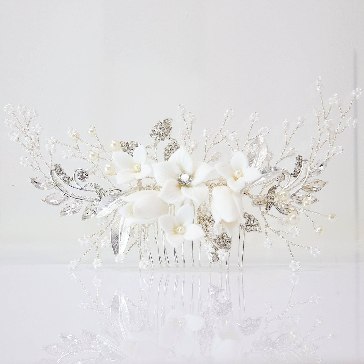 Swarovski Crystals Large Ceramic Flowers & Tiny White Flowers Hair Comb, Bridal Hair piece, Bridal Hair Accessories, Wedding Hair Accessory.