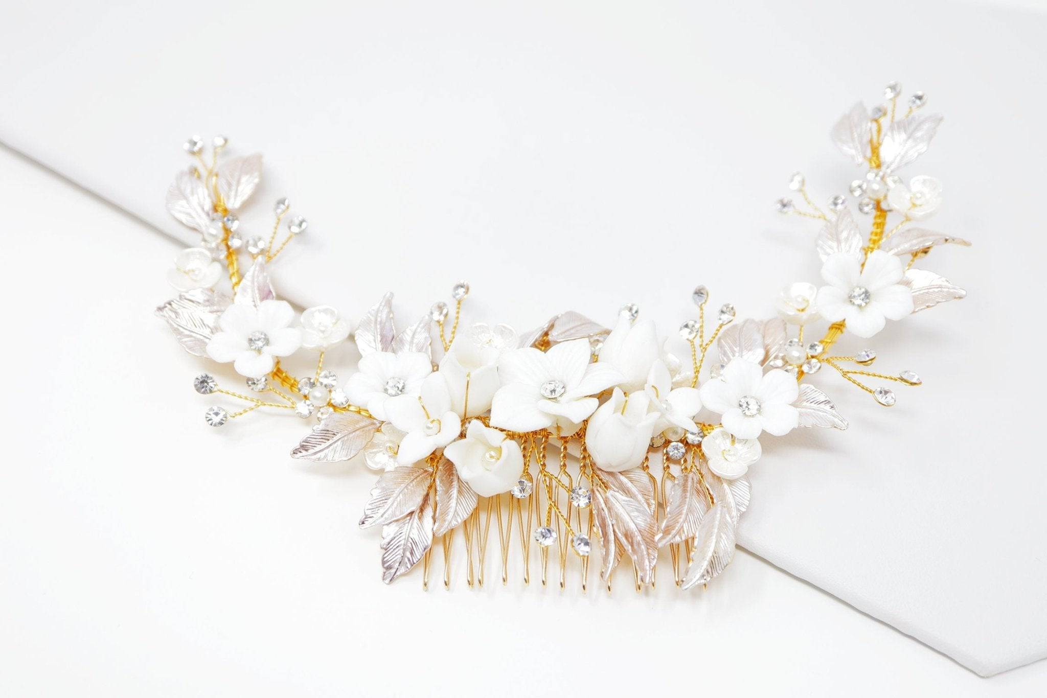 Swarovski Crystals Large Ceramic White flower Bridal Hair piece, Bridal Hair Accessories, Wedding Hair Accessory, Bridal Hair Comb.
