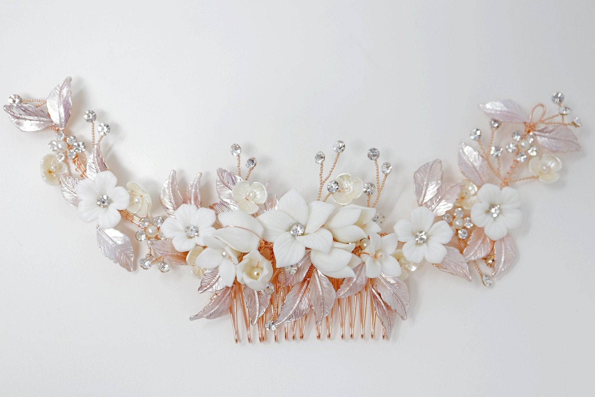 Swarovski Crystals Large Ceramic White flower Bridal Hair piece, Bridal Hair Accessories, Wedding Hair Accessory, Bridal Hair Comb.