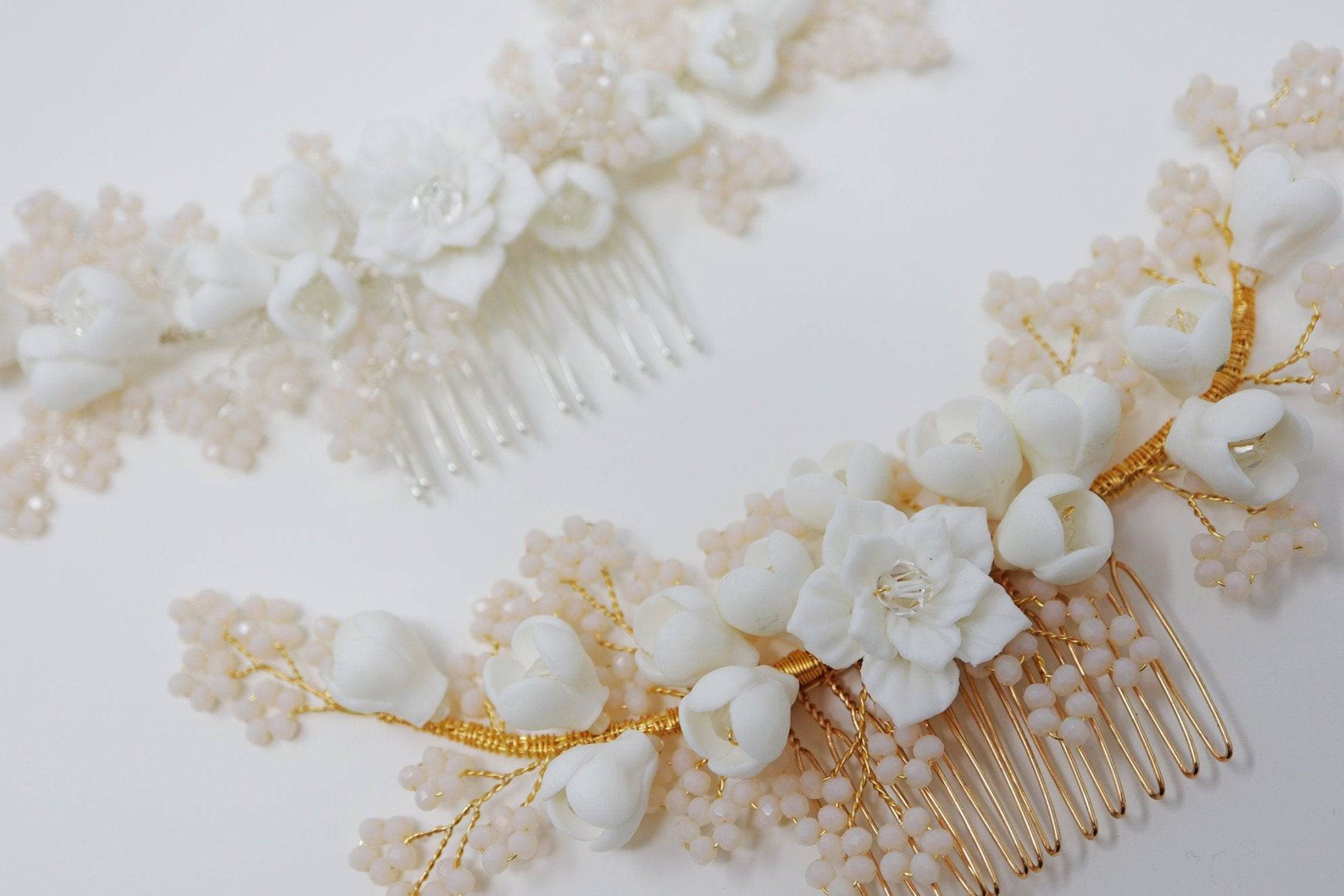 Swarovski Crystals Large Ceramic White flower & Tiny Baby Pink Flowers, Bridal Hair piece, Bridal Hair Accessories, Wedding Hair Accessory.