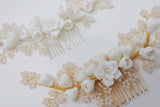 Swarovski Crystals Large Ceramic White flower & Tiny Baby Pink Flowers, Bridal Hair piece, Bridal Hair Accessories, Wedding Hair Accessory.