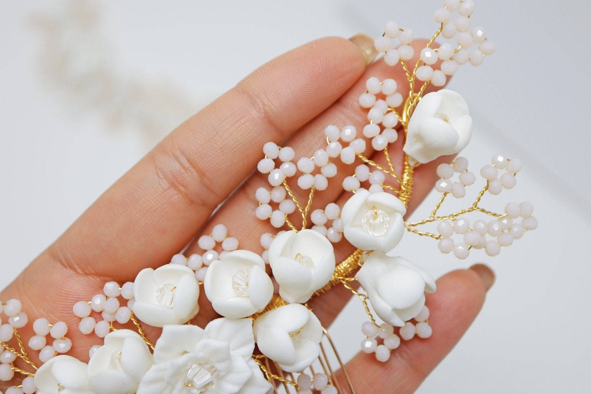 Swarovski Crystals Large Ceramic White flower & Tiny Baby Pink Flowers, Bridal Hair piece, Bridal Hair Accessories, Wedding Hair Accessory.