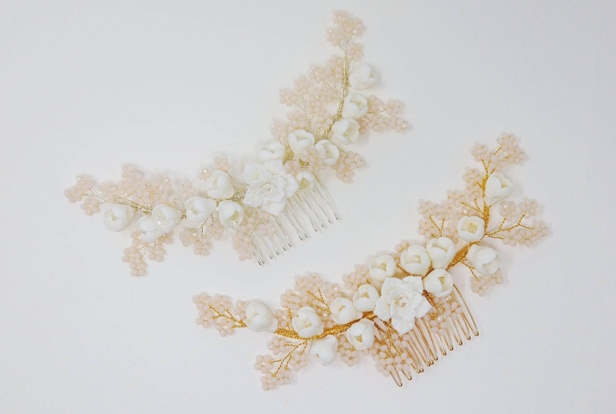 Swarovski Crystals Large Ceramic White flower & Tiny Baby Pink Flowers, Bridal Hair piece, Bridal Hair Accessories, Wedding Hair Accessory.