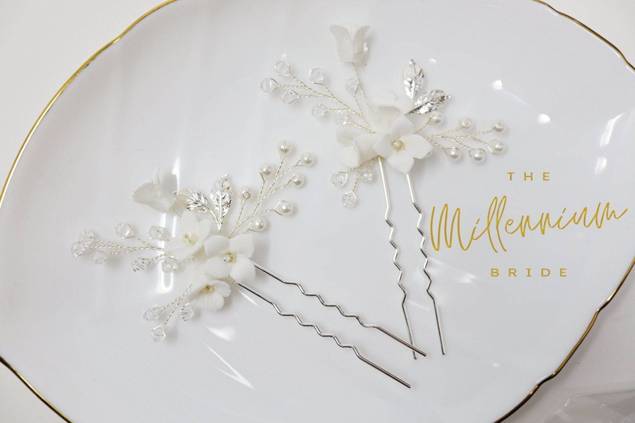 Swarovski Crystals Pearl Ceramic White flower Hair Comb Bridal Hair Accessories, Wedding Hair Accessory, Bridal Hair Comb And Pins Set.