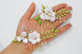 Swarovski Crystals, Pearls, Rhinestones Pink Flower With Green Leaves Bridal Hair piece, Bridal Hair Accessories, Wedding Hair Accessory.