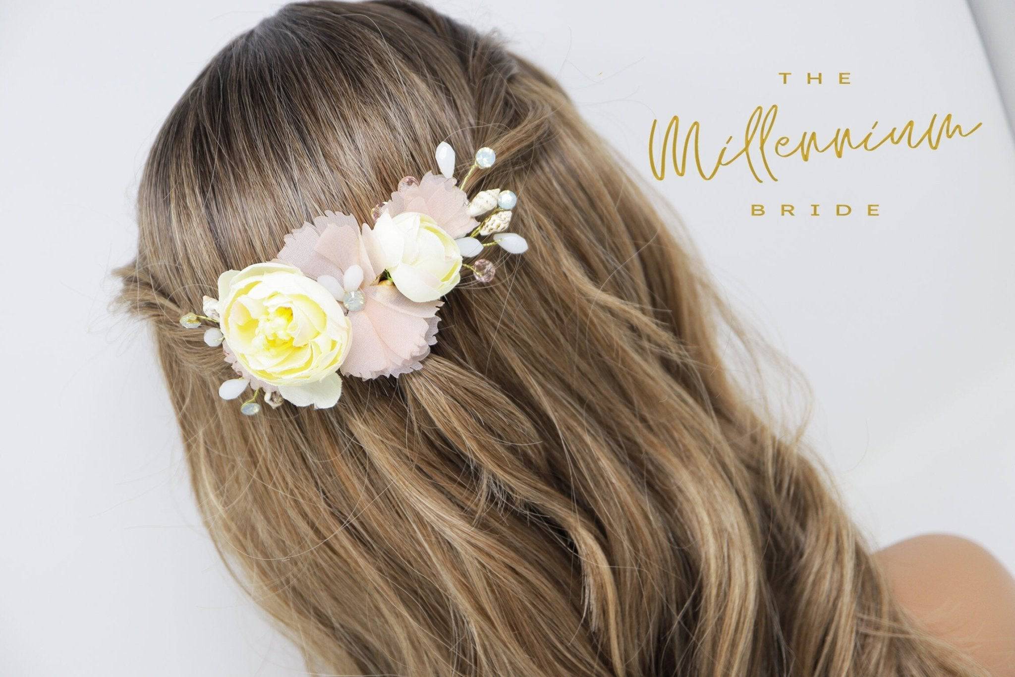 Swarovski Crystals Shells Pink Yellow flower Bridal Hair piece, Bridal Hair Accessories, Wedding Hair Accessory, Bridal Hair Comb.