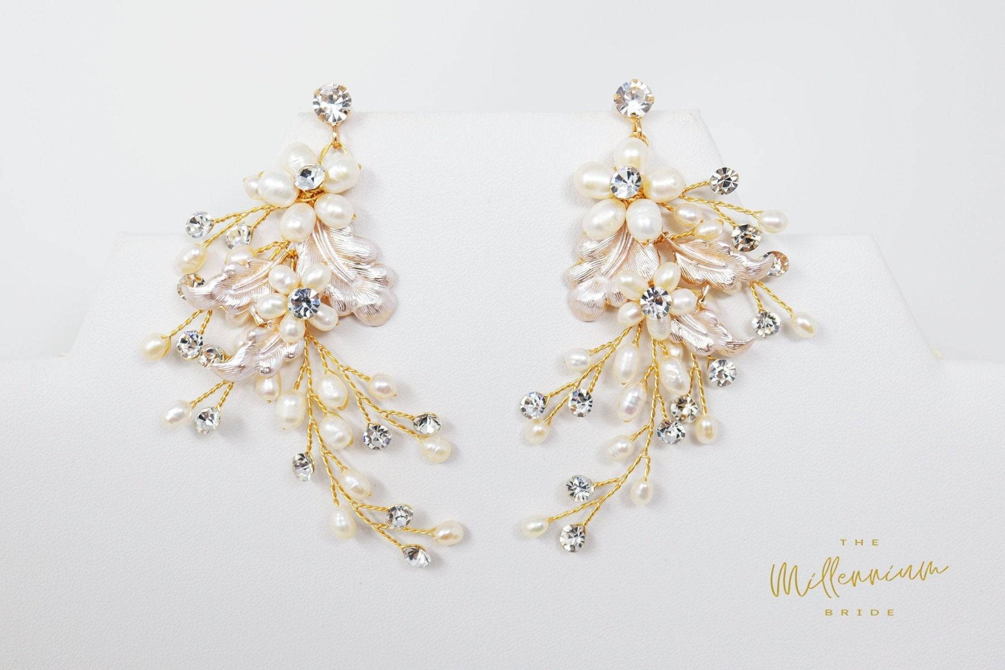 Swarovski Freshwater Pearl Chandelier White Flower Drop Crystal Earrings, Long Bridal Jewelry Crystal Bridal Earrings Statement Earrings