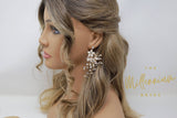 Swarovski Freshwater Pearl Chandelier White Flower Drop Crystal Earrings, Long Bridal Jewelry Crystal Bridal Earrings Statement Earrings