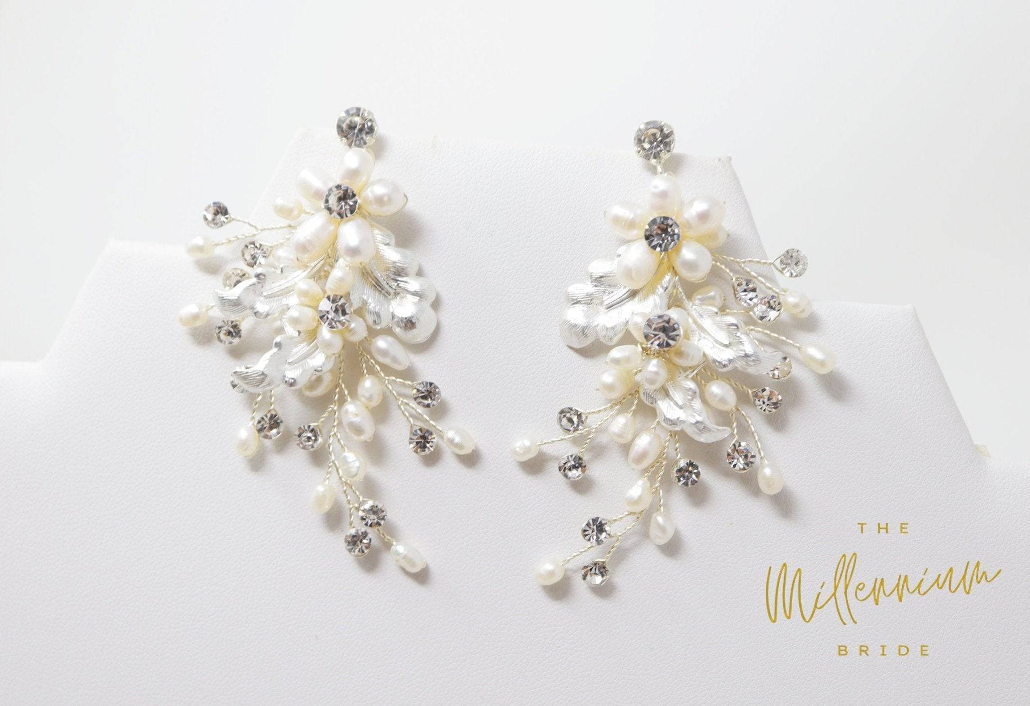 Swarovski Freshwater Pearl Chandelier White Flower Drop Crystal Earrings, Long Bridal Jewelry Crystal Bridal Earrings Statement Earrings