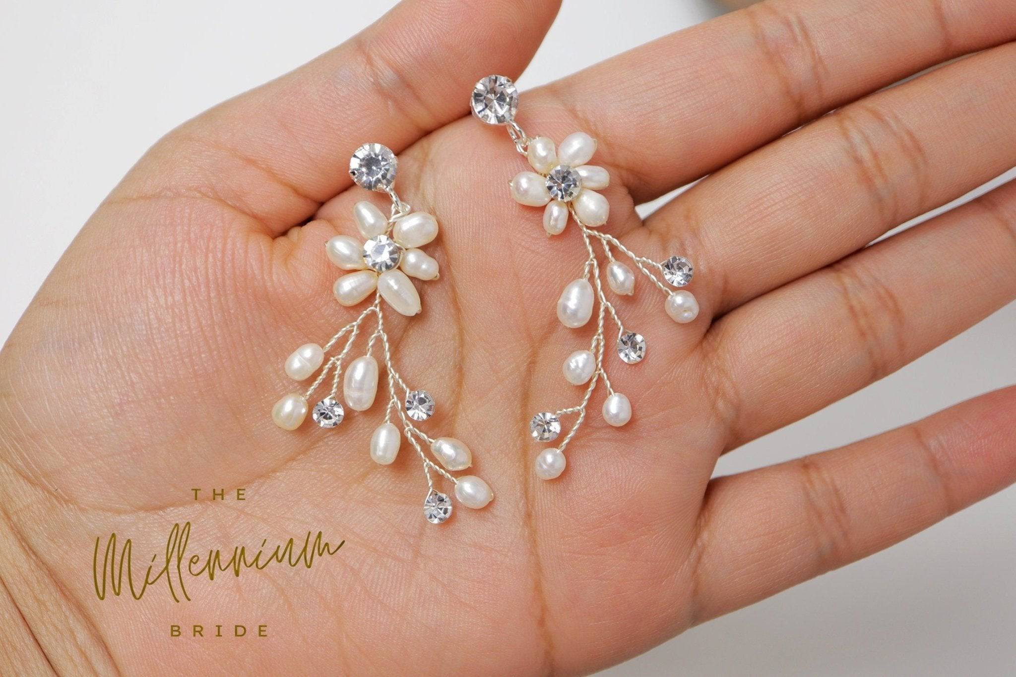 Swarovski Freshwater Pearls White Vine Crystal, Long Bridal Jewelry Bridal Earrings Crystal Bridal Earrings Statement Earrings Cz