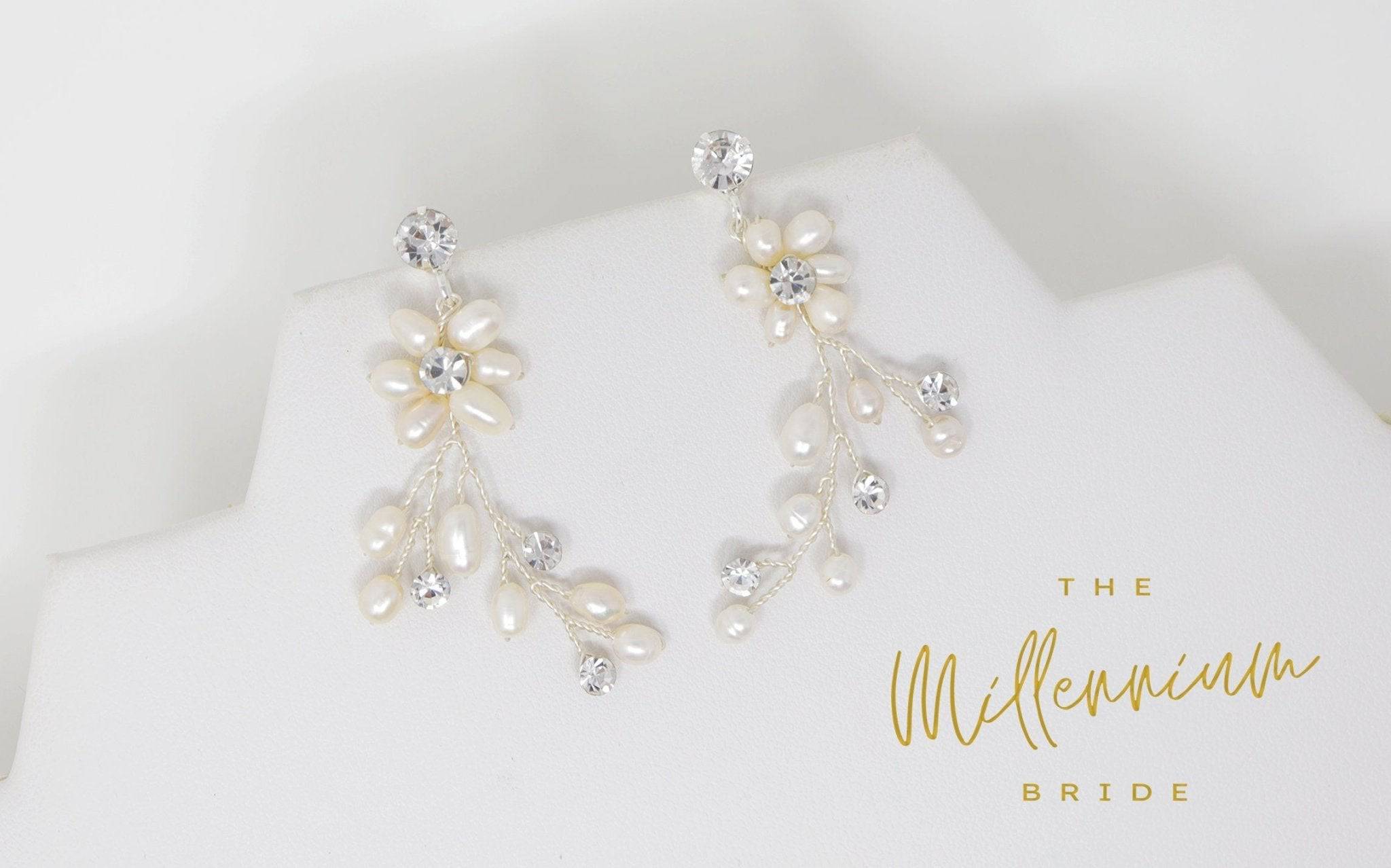 Swarovski Freshwater Pearls White Vine Crystal, Long Bridal Jewelry Bridal Earrings Crystal Bridal Earrings Statement Earrings Cz