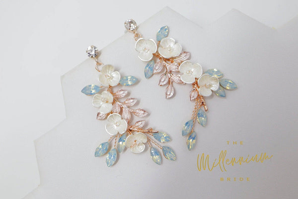 Swarovski opal Flower Petals Crystal, Rhinestone Earrings, Long Bridal –  TheMillenniumBride