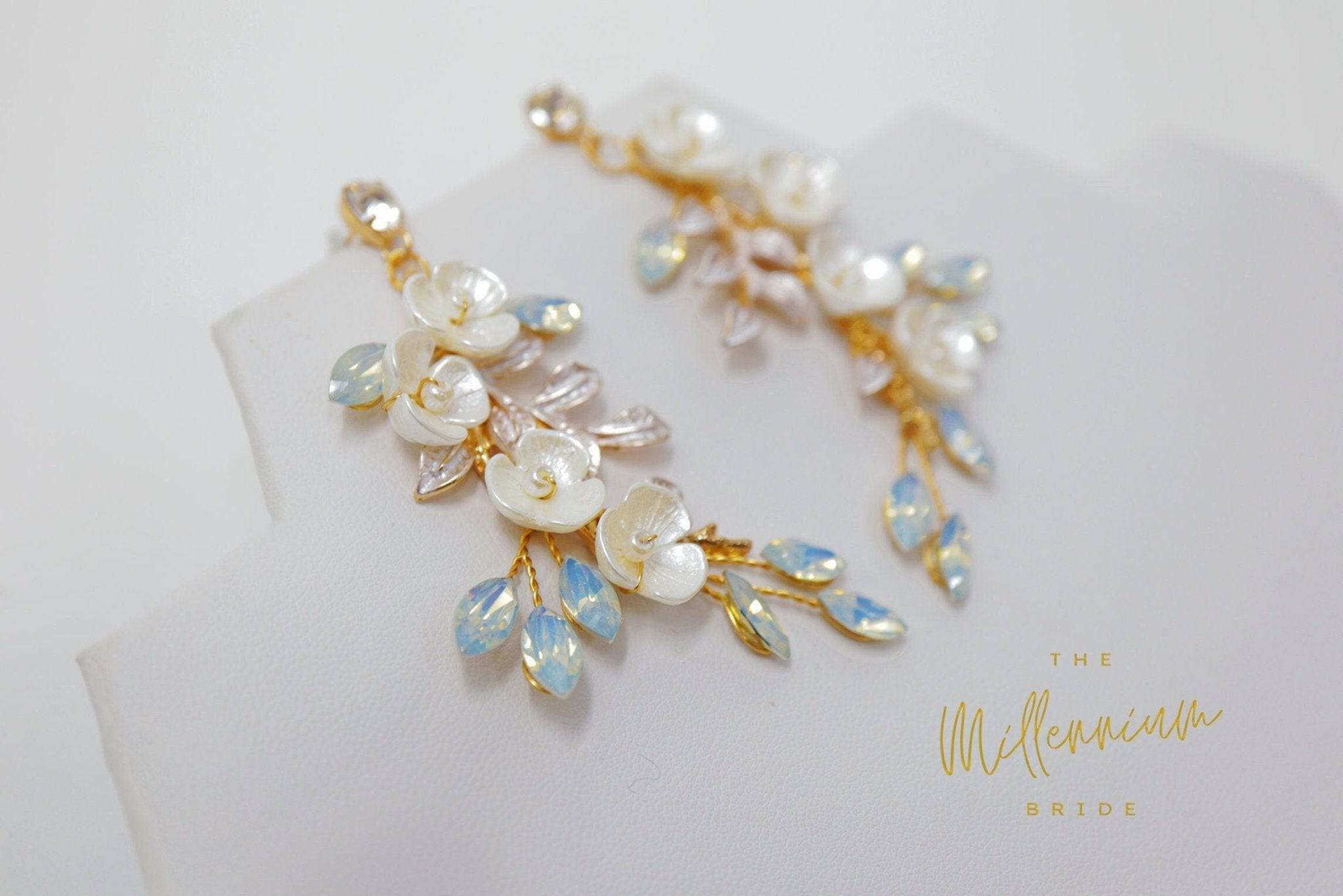 Swarovski Opal Ceramic White Flower Drop Crystal, Long Bridal Jewelry Crystal Bridal Earrings Statement Earrings