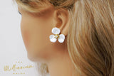 Three Petal White Flower Pearl Earrings, Bridal Jewelry, Bridal Stud Earrings, Bridal Earrings, Statement Earrings, Bridesmaid Earring.