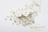 White Ceramic Flowers Crystal & Pearl Hair Comb, Bun Comb, Bridal Hair piece, Bridal Hair Accessories, Wedding Hair Accessory.