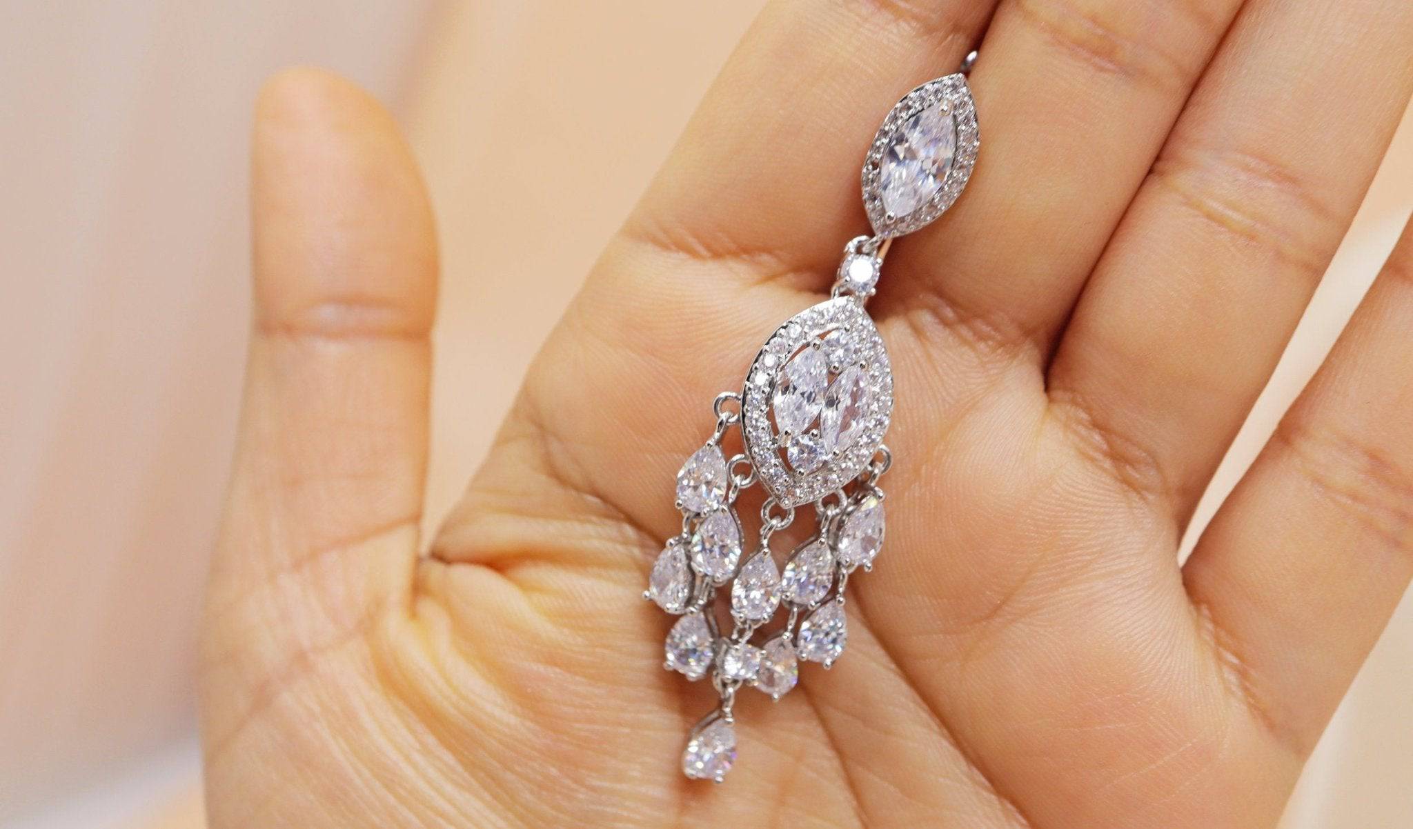 White Gold Plated Chandelier Drop Crystal/Diamond Earrings, Long Bridal Jewelry, Crystal Bridal Earrings, Statement Earrings Cz