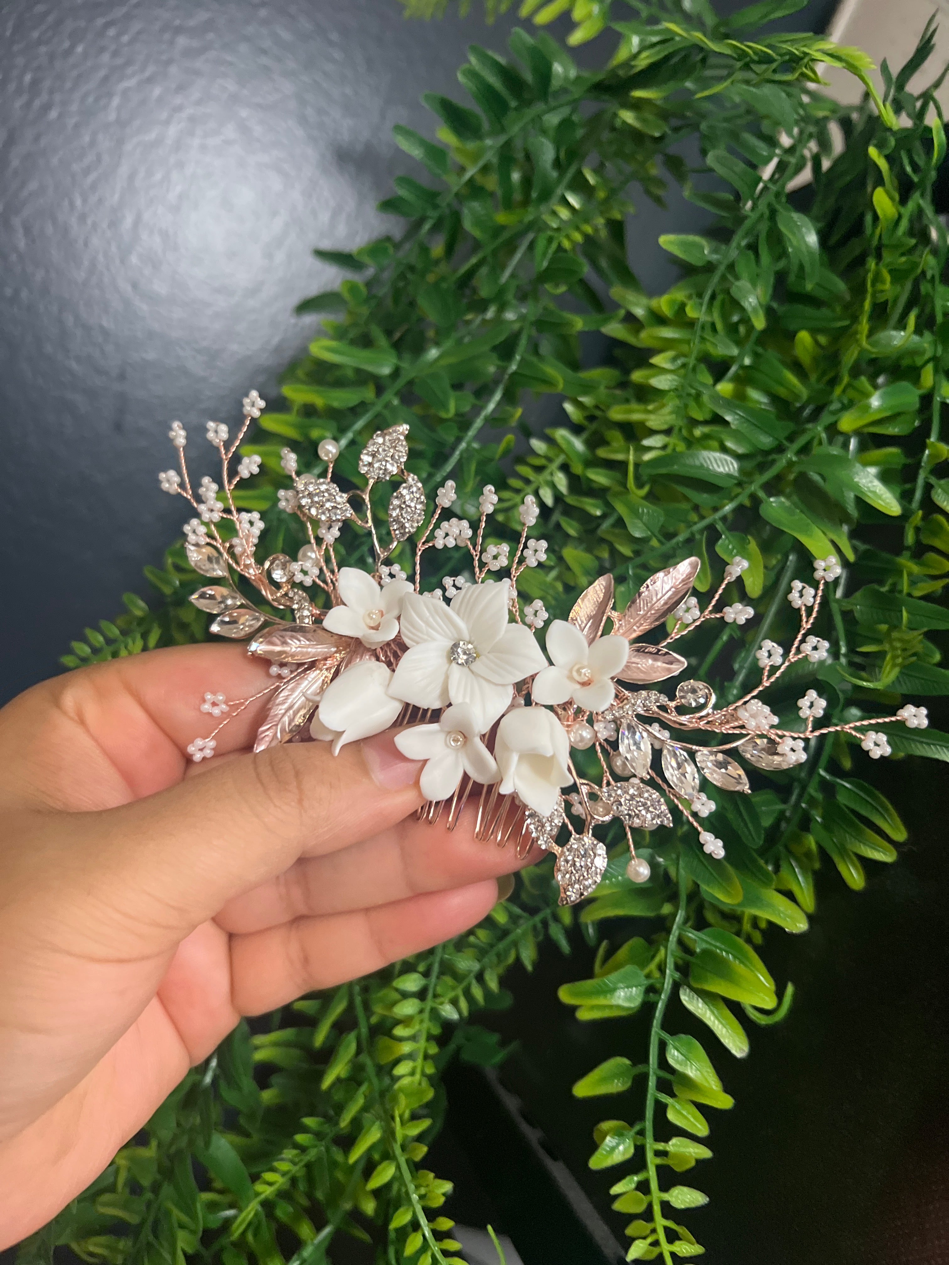 Swarovski Crystals Large Ceramic Flowers & Tiny White Flowers Hair Comb, Bridal Hair piece, Bridal Hair Accessories, Wedding Hair Accessory.