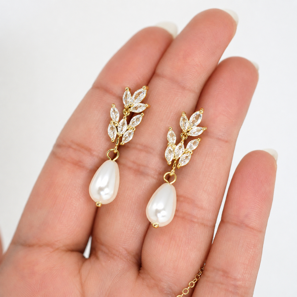 Gold Crystal Faux Pearl Drop Vine Leaves Necklace Set, Long Bridal Earrings And Necklace, Statement Earrings Cz