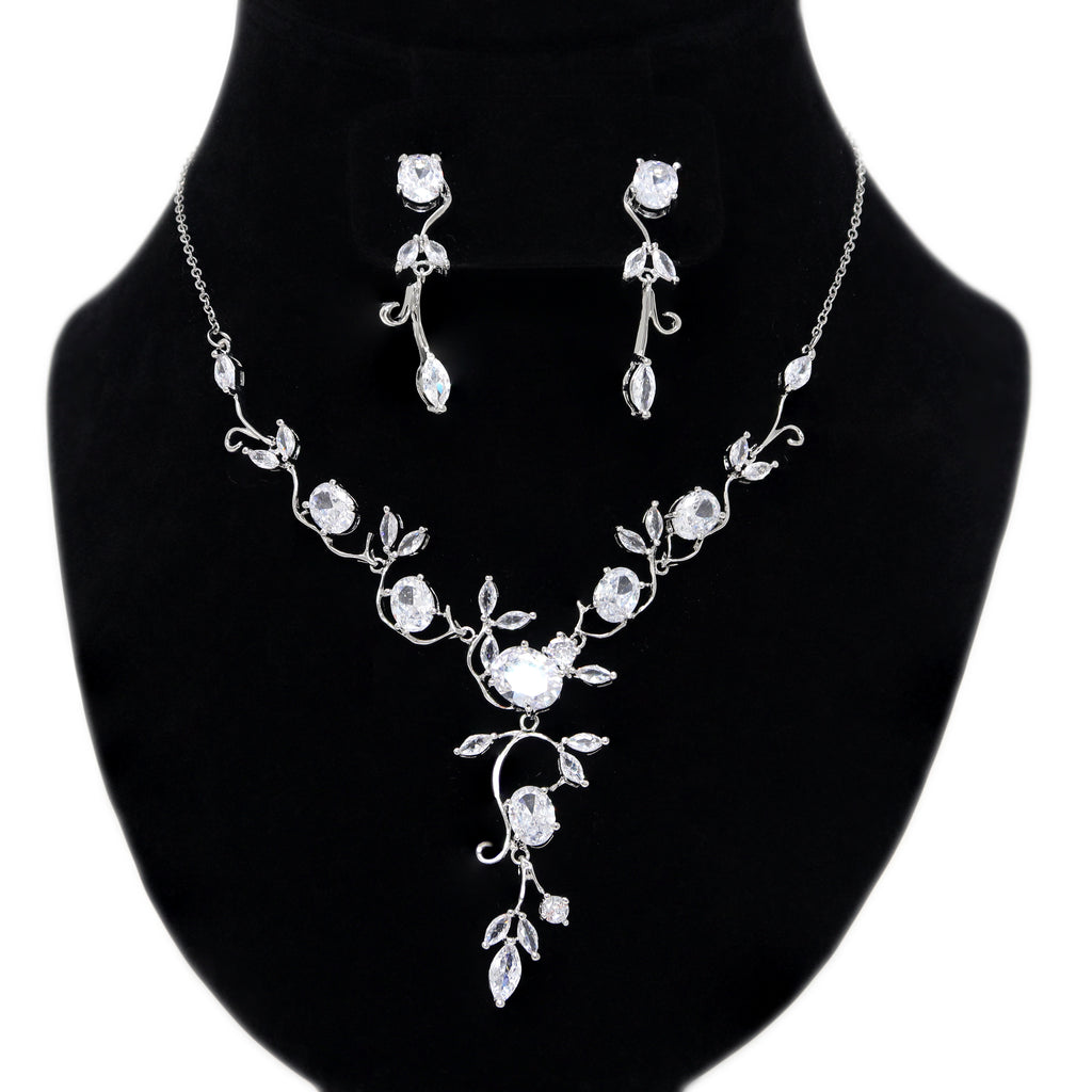 Swarovski Crystal Floral Vine Leaves Necklace, Long Bridal Jewelry, Bridal Earrings And Necklace, Statement Earrings Cz Necklace Set. - TheMillenniumBride