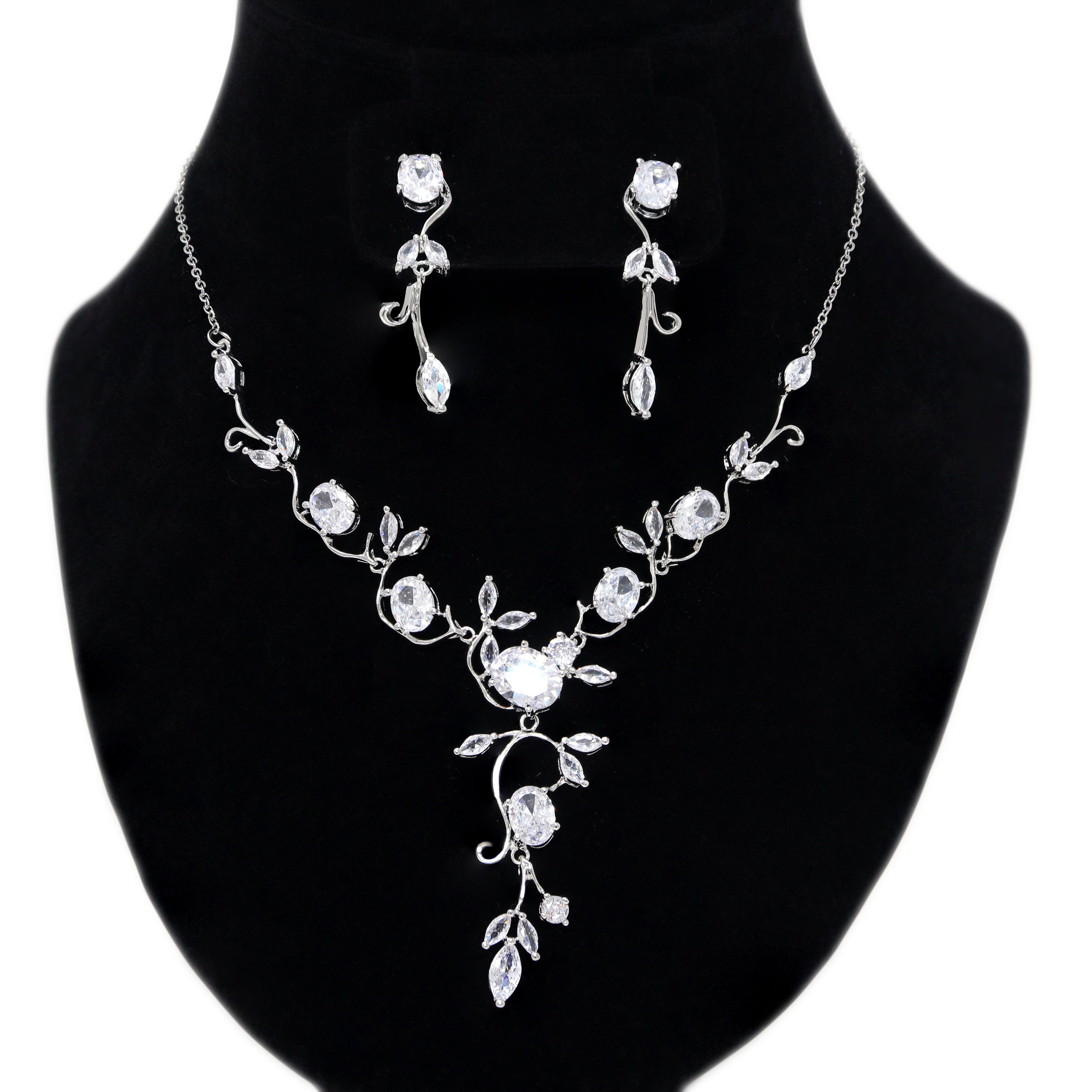 Swarovski Crystal Floral Vine Leaves Necklace, Long Bridal Jewelry, Bridal Earrings And Necklace, Statement Earrings Cz Necklace Set. - TheMillenniumBride