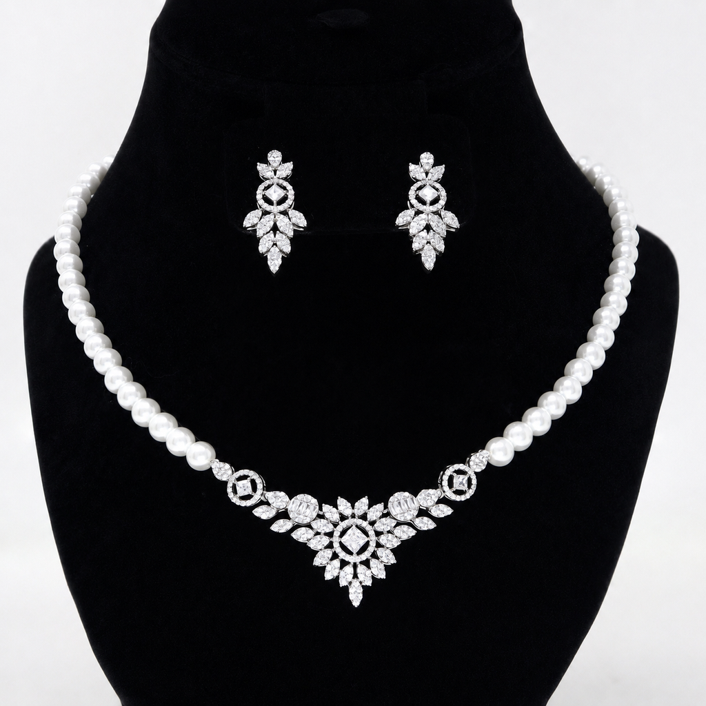 Swarovski Crystal V-Shape Flower and Pearl Statement Diamond/Crystal Necklace Set, Bridal Necklace Set, Bridal Jewelry, Statement Necklace