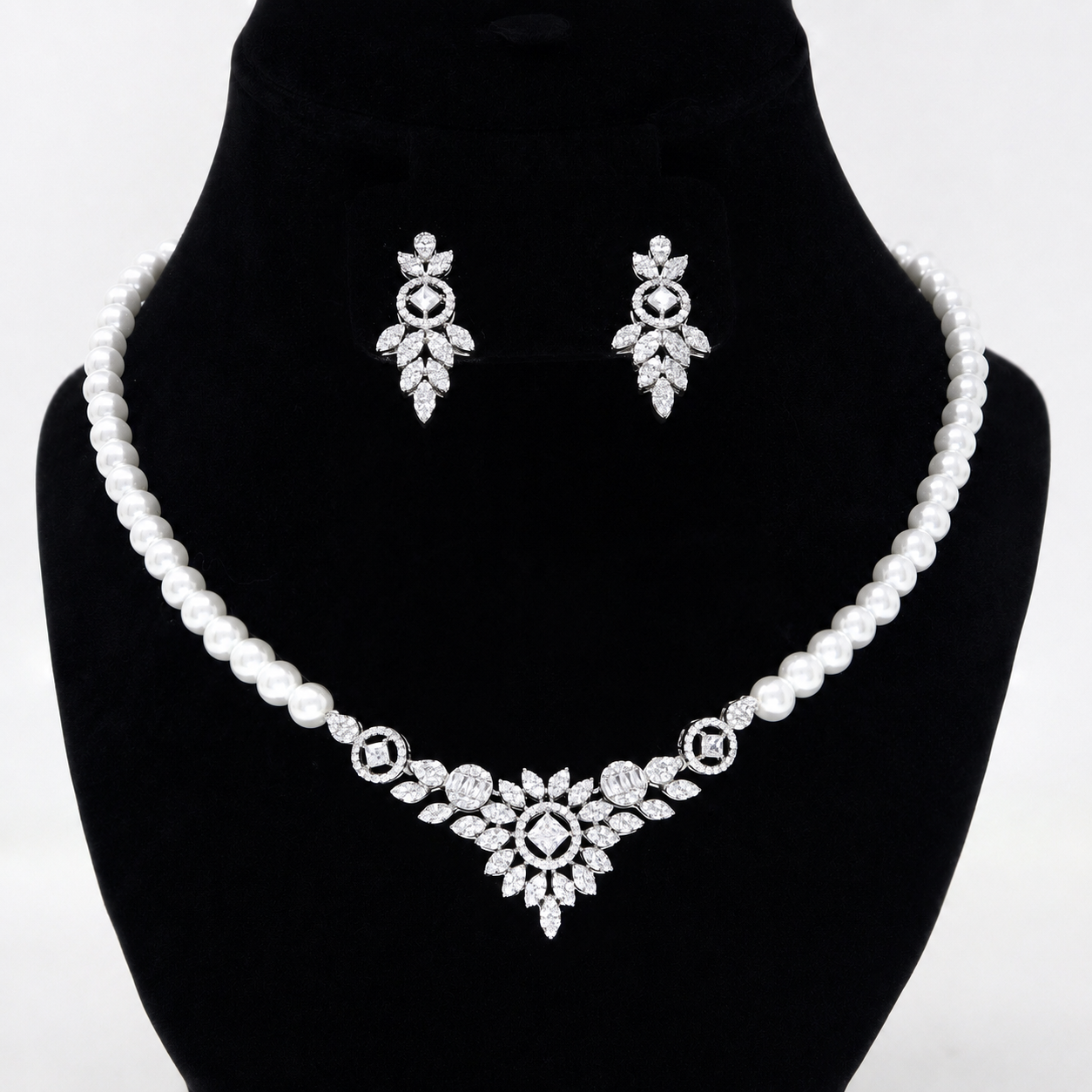 Swarovski Crystal V-Shape Flower and Pearl Statement Diamond/Crystal Necklace Set, Bridal Necklace Set, Bridal Jewelry, Statement Necklace