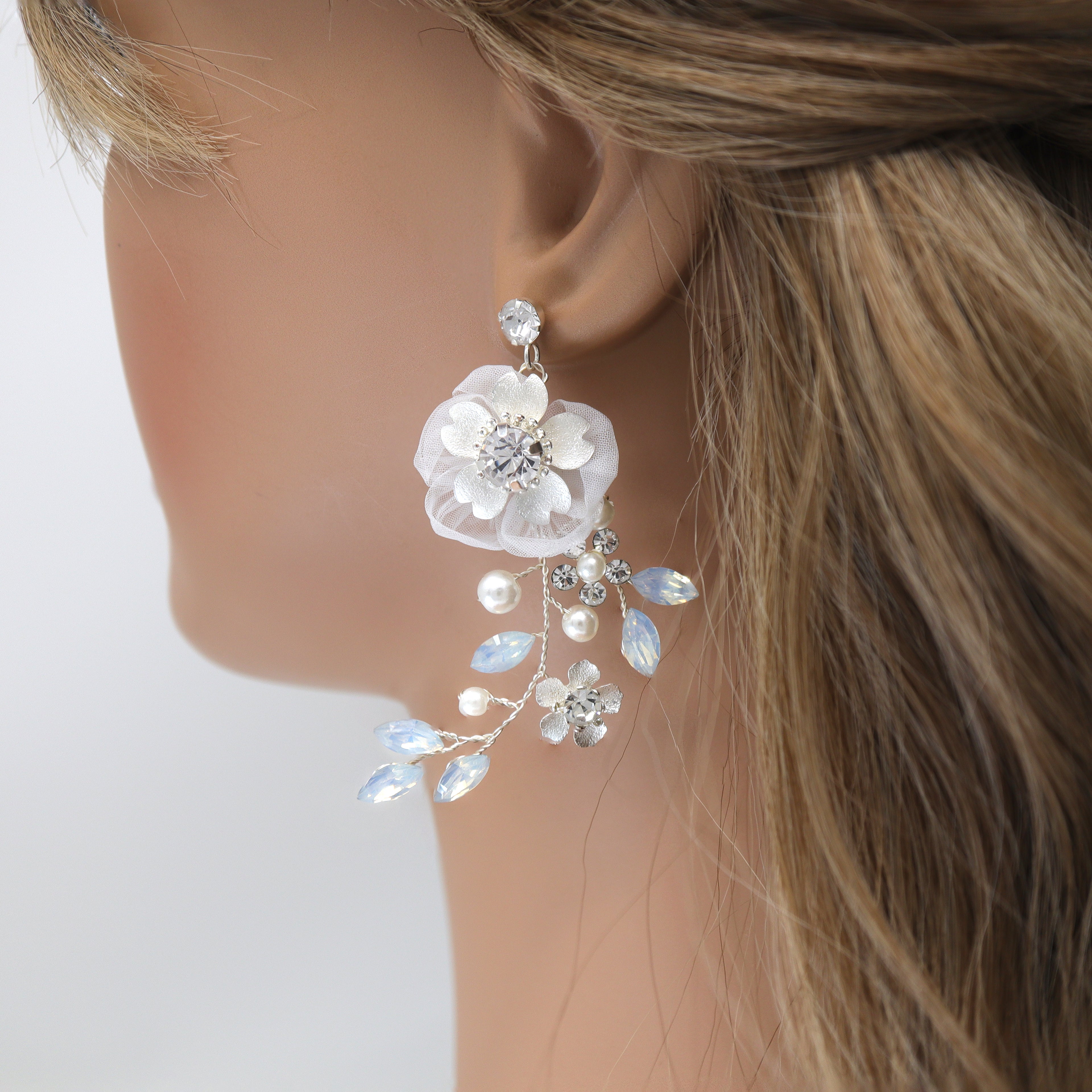 Swarovski opal Flower Petals Crystal, Rhinestone Earrings, Long Bridal Jewelry Bridal Earrings Crystal Bridal Earrings Statement Earrings Cz - TheMillenniumBride